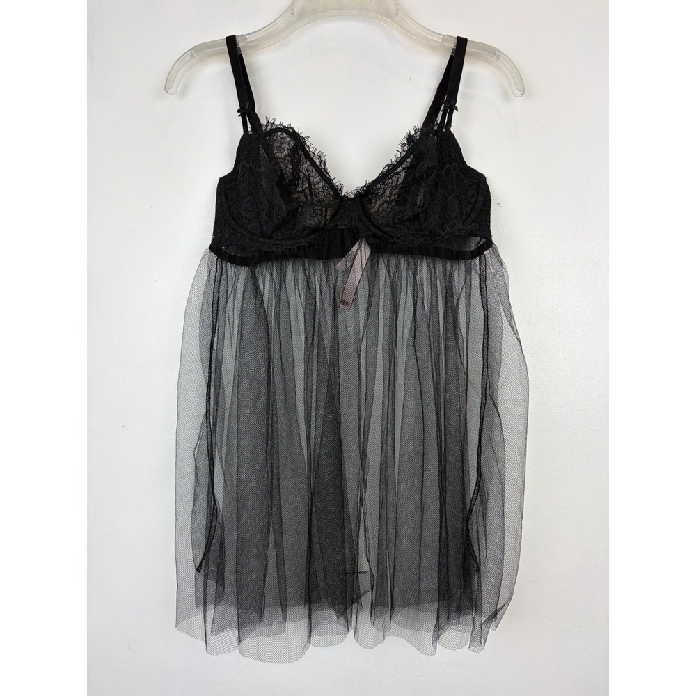 Victorias Secret Babydoll Nightie Slip Bra Large Sheer Mesh Lace Black Sexy